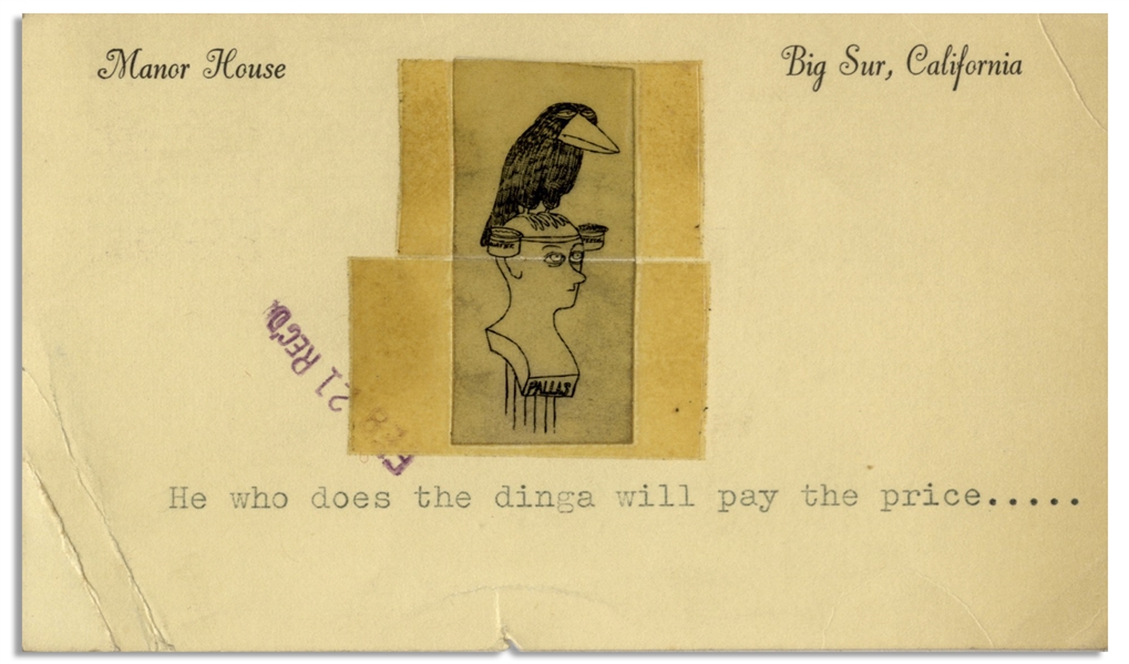 Hunter S. Thompson 1961 Postcard From Big Sur Featuring His Favorite Jackdaw Bird